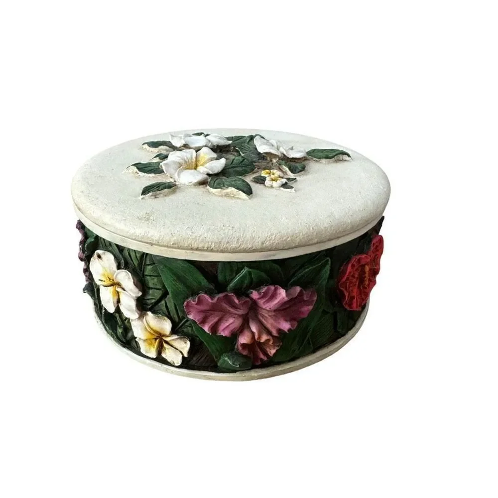 KC Company LTD Hawaiian flowers 3D design ceramic jewelry trinket box 4”